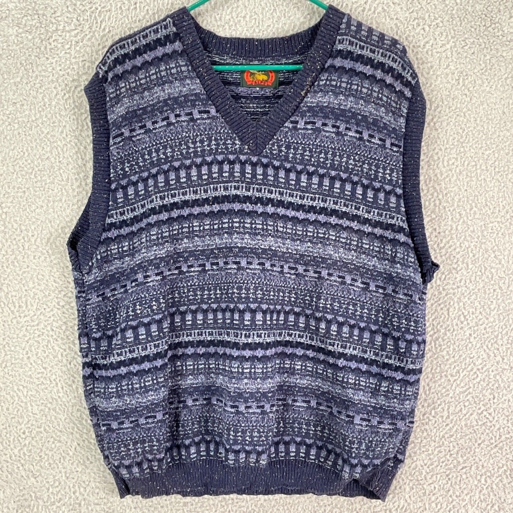 Alps Sweater Vest Men XL Blue Fair Isle Knit V-Neck Cotton Blend Made in USA